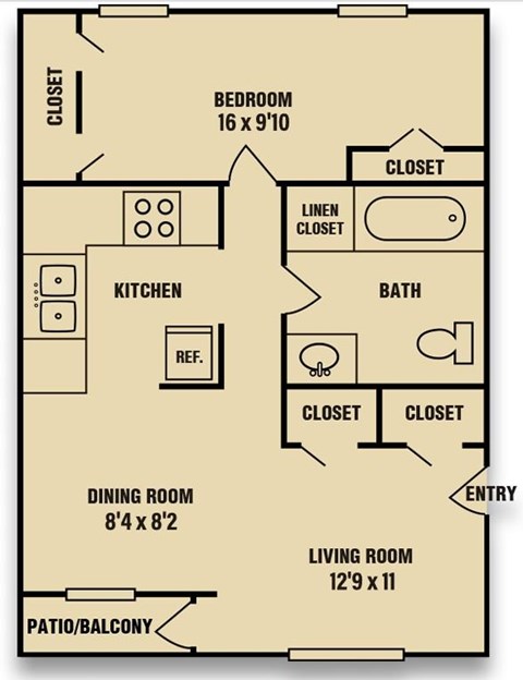 Floor plan for 1 bed, 1 bath, 684 sqft
